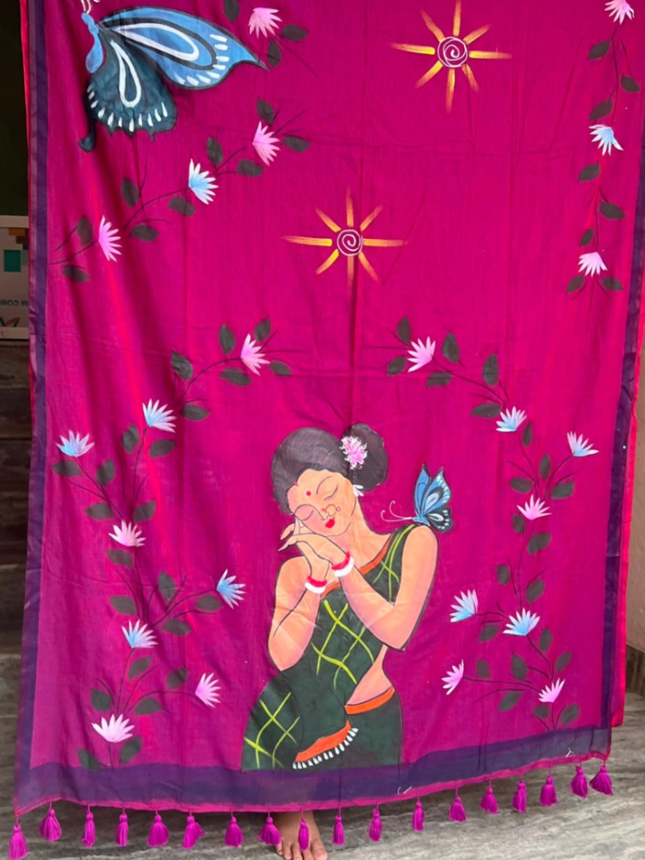 Mul Cotton Shakuntala Hand Painted Sari with Blouse view 1