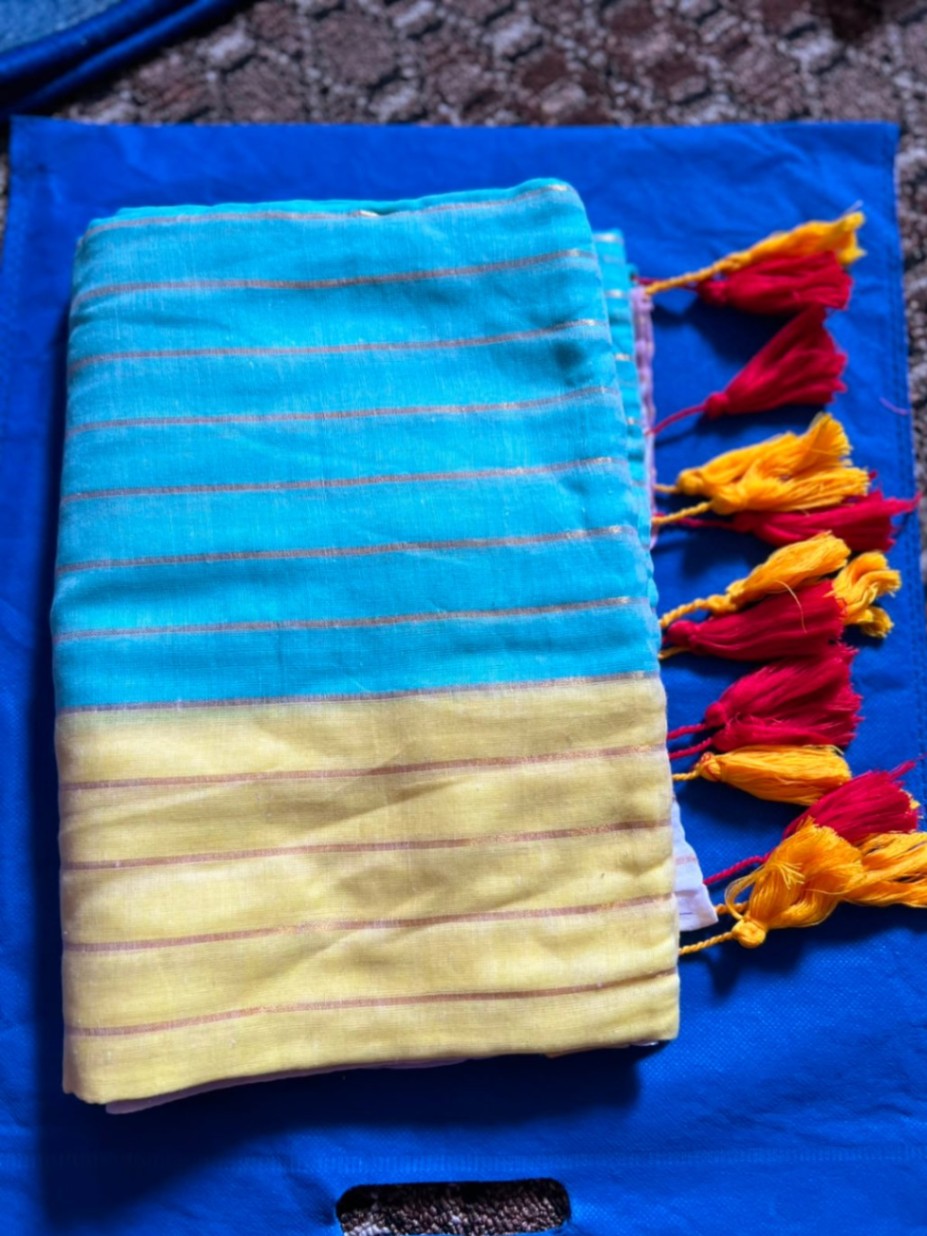 Mul Cotton Rainbow Zari Sequence Sari with Blouse view 2