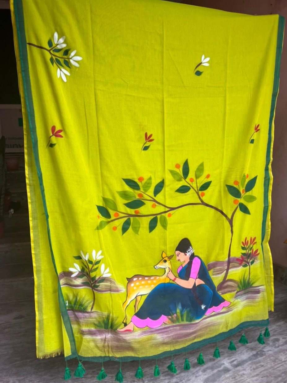 Mul Cotton Shakuntala Hand Painted Sari with Blouse view 4