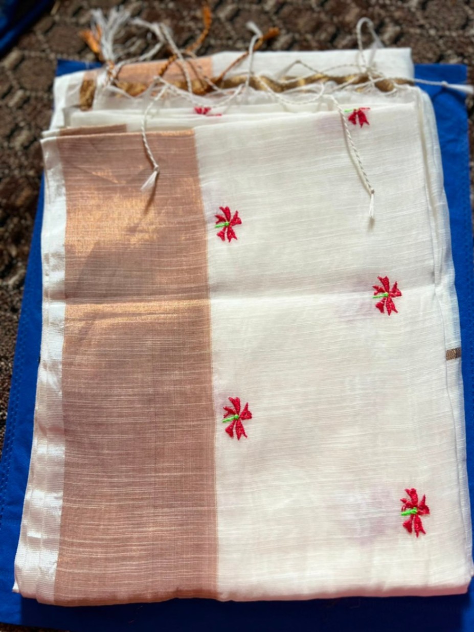Khadi Cotton Parijat Embroidery Sari with Blouse view 4