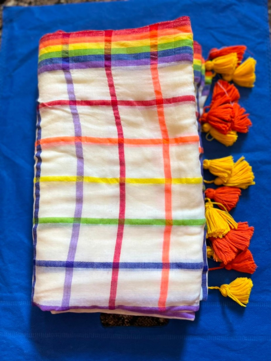 Mul Cotton Rainbow Check Sari with Blouse view 4