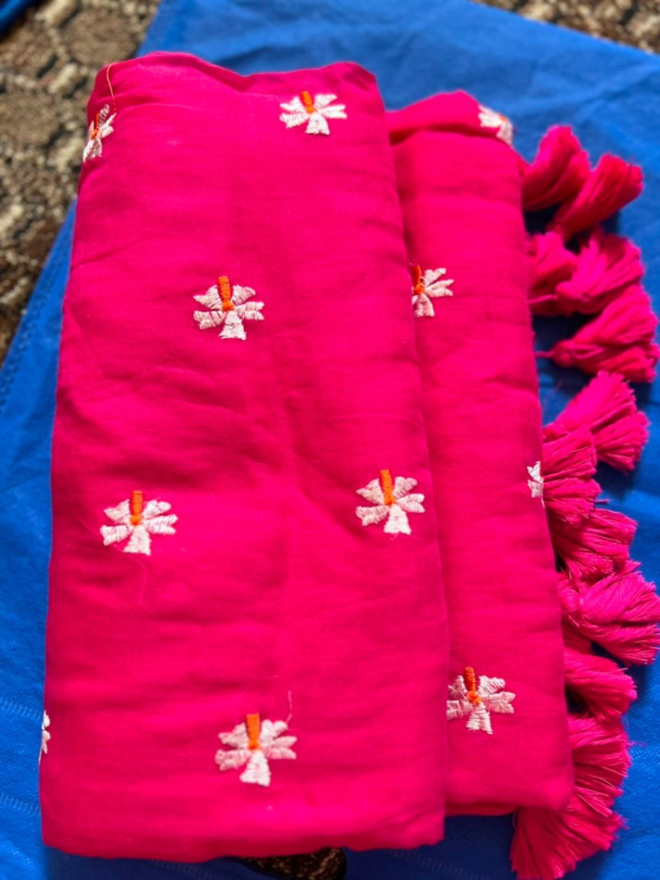 Mul Cotton Parijat Embroidery Sari with Blouse view 4