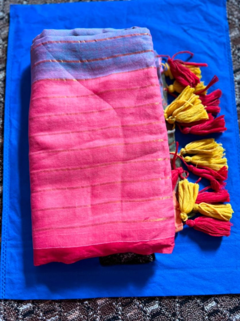 Mul Cotton Rainbow Zari Sequence Sari with Blouse view 1