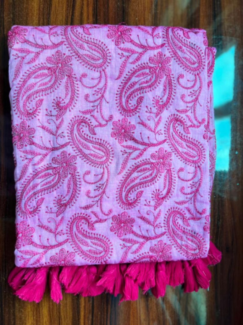 Mul Cotton Chikankari Embroidery Sari with Blouse view 5