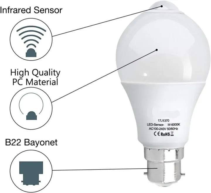 7 Watt Pir Motion And Daylight Sensor LED Bulb- B22 Whiite view 2