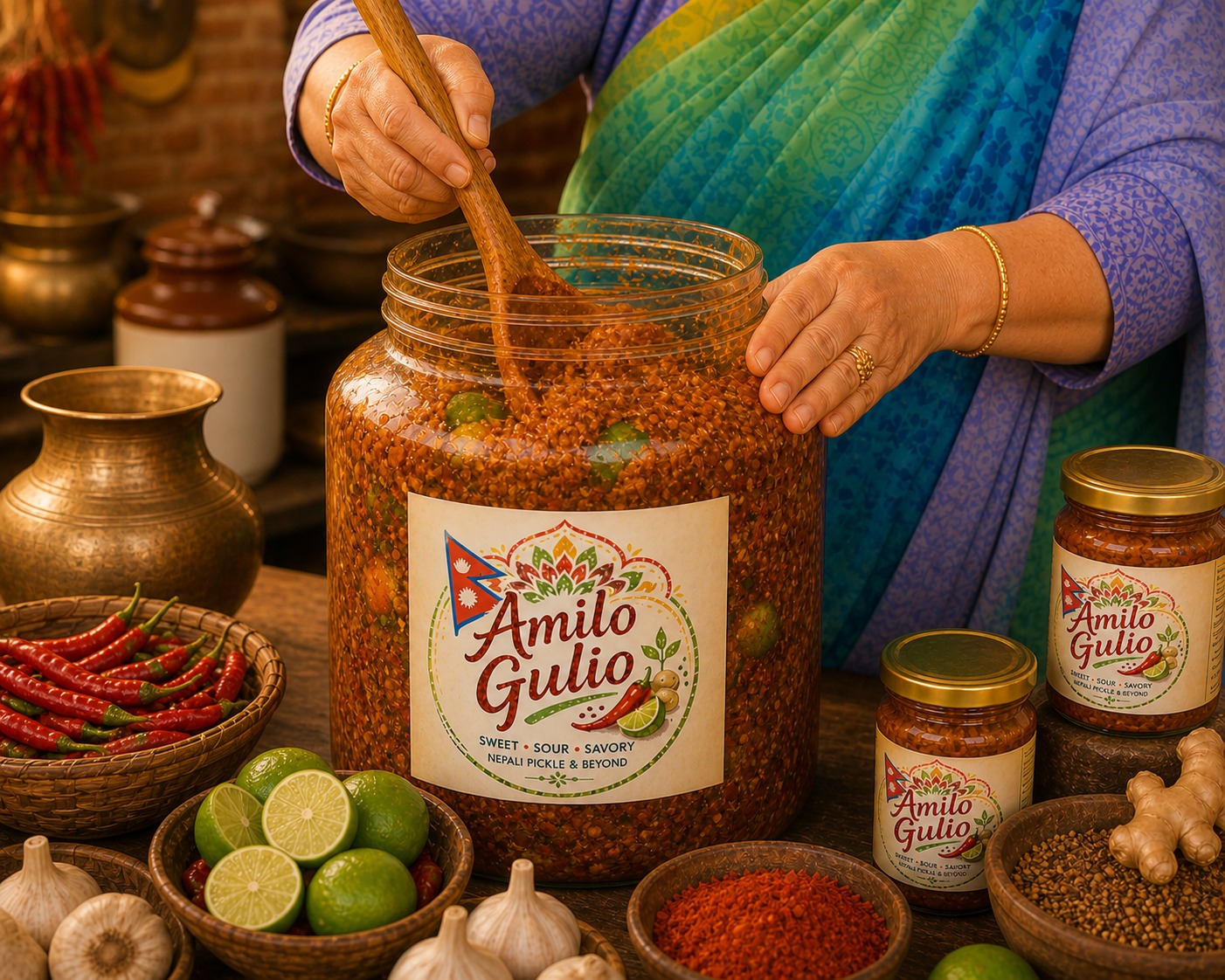 Hand-grinding spices in a traditional kitchen